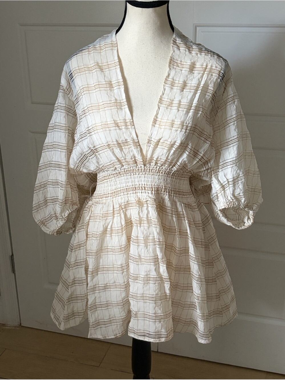 sabo skirt white cream tan striped bogo dress sz M plunge neck prairie mini